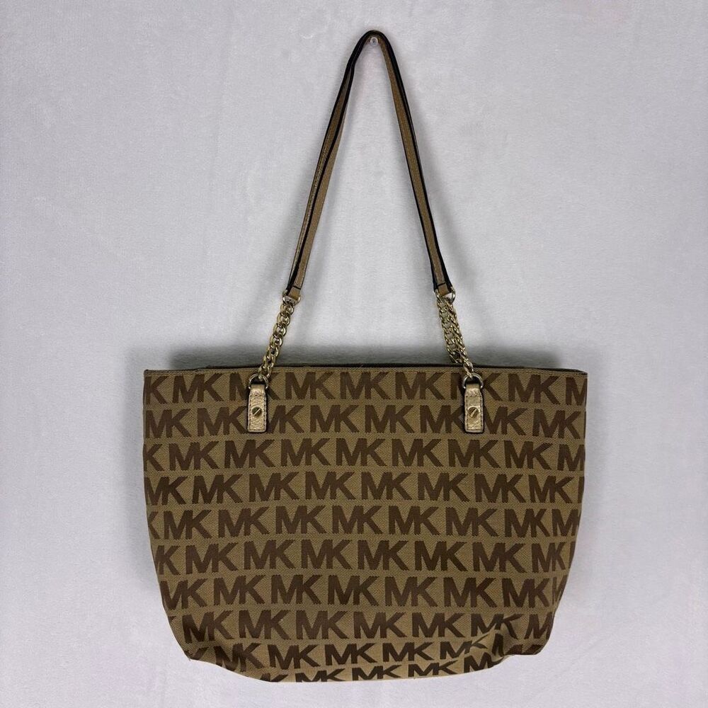 Michael Kors Brown Monogram Large Shoulder Purse with‎ Gold Straps